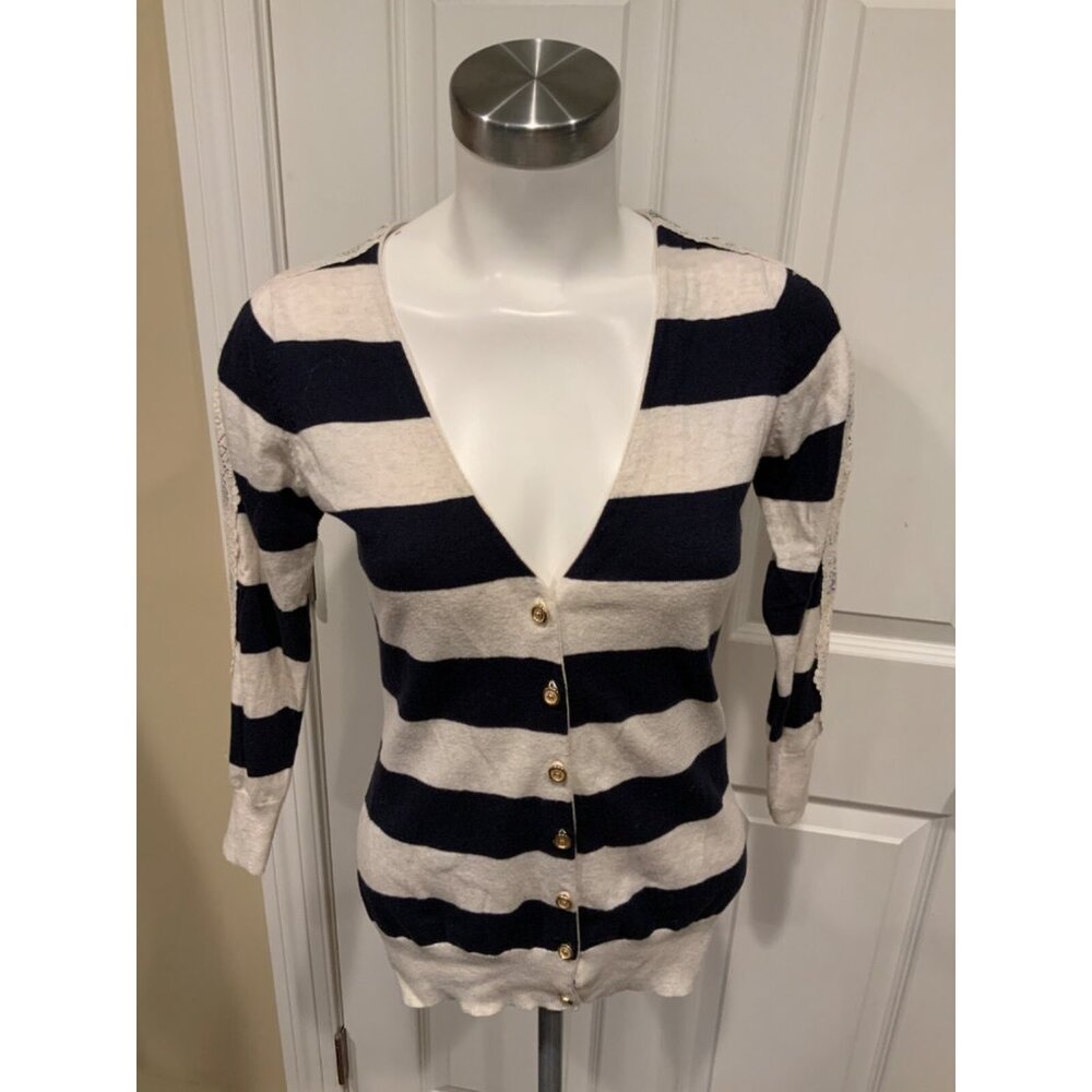 Charlotte Tarantola Blue & Tan Striped Thin Knit Cardigan w/ Lace, Size S